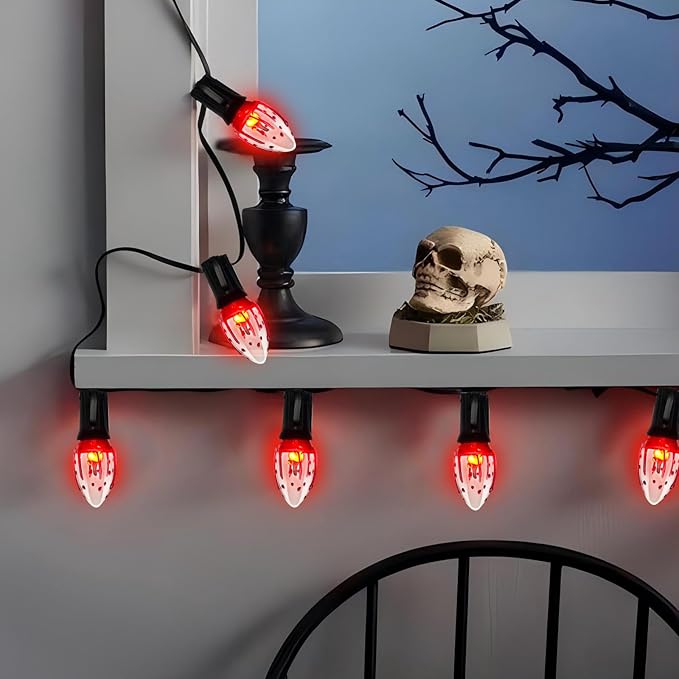 C9 Halloween Pathway Lights Outdoor, 38Ft Halloween Blood Teardrop Pathway String Lights with 25 C9 Flicker Flame Lights, Halloween Decoration Walkway Lights for Outdoor Pathways Gardens and Yards