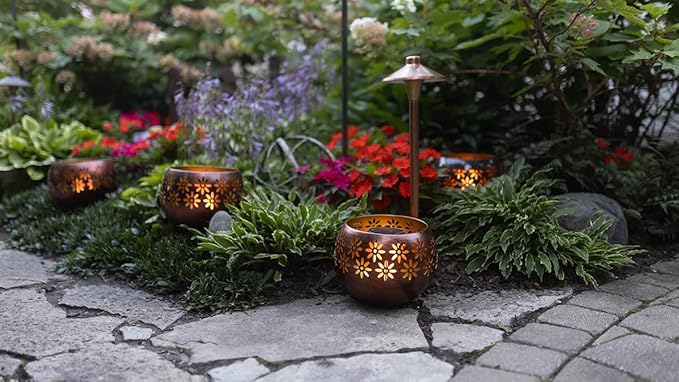 Original Solar Fire Bowl 8” (4-Pack) Decorative Metal Solar Patio Light with Flickering Flame, Waterproof Dusk-to-Dawn Garden Lantern in Bronze/Copper Finish