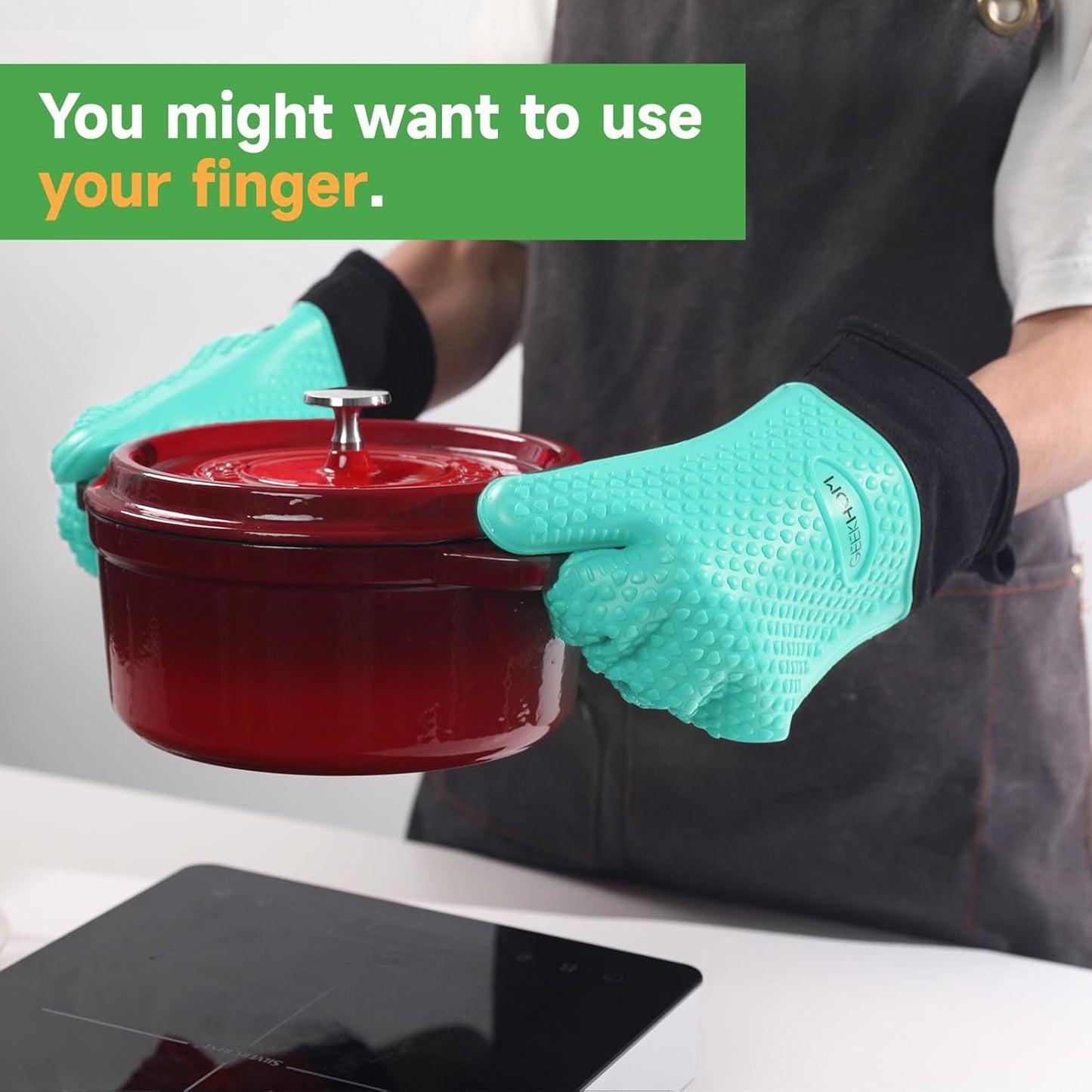 GEEKHOM BBQ Gloves Heat Resistant Oven Mitts - Silicone Grilling Gloves with 13.7" Arm Protection - Waterproof Pot Holder Non-Slip for Men & Women, Kitchen Outdoor Cooking, Baking, Camping, Turquoise