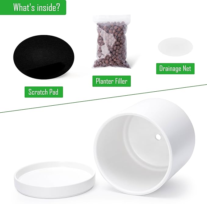 D'vine Dev 10 Inch Ceramic Planter Pot with Drainage Hole and Saucer, Indoor Cylinder Round Planter Pot, White, 94-O-E-1