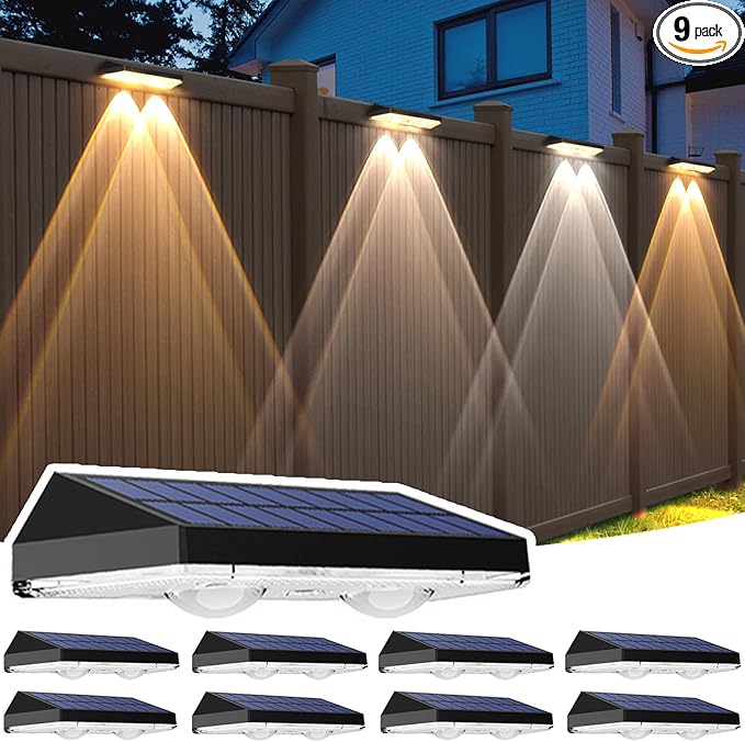 9 Pack Solar Fence Lights Outdoor, LED Dusk to Dawn Waterproof Deck Lights for Outside Step Wall Porch Patio Garden Decor (3000K/4500K/6000K)