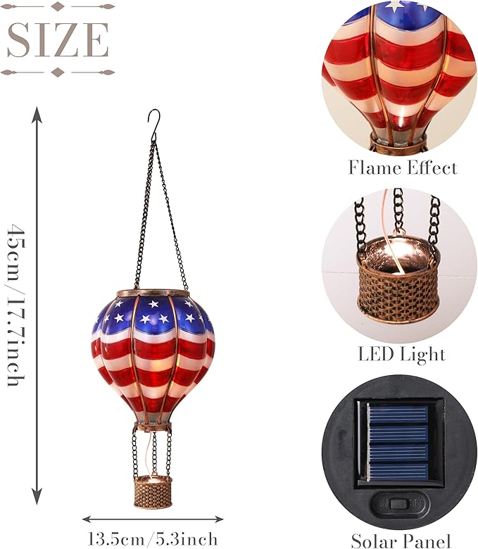 TERESA'S COLLECTIONS America Fourth of July Decorations, Hot Air Balloon Solar Lantern for Garden Decor,Gifts for Women + Memorial Day 17.7'' Hot Air Balloon Solar Lantern