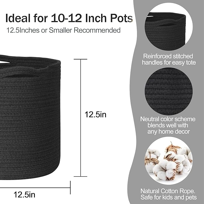 Cotton Rope Plant Basket, Woven Basket Planter for 11 inch Pot, Round Indoor Tree Pot Cover, Storage Bin Organizer, Modern Basket for Plants and Home Decor, 12.5”X12.5”, Black