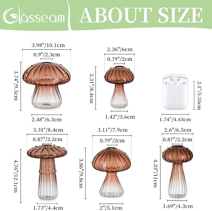 Glasseam Mushroom Plant Propagation Stations: Amber Glass Terrarium Jar Set of 10 Cute Planters for Indoor Plants Mini Propagate Station Unique Christmas Birthday Gifts for Women Home Office Decor
