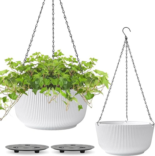 T4U 12 Inch Large Hanging Planters for Outdoor Plants, 2 Pack Self Watering Hanging Pots Indoor, Hanging Baskets for Plants,Hanging Flower Pot with Drainage Hole and Plant Hanger, White