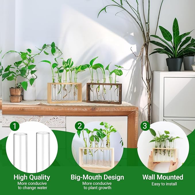 Ivolador Plant Propagation Station Terrariumin Wall Test Tube Vases Bud Tabletop Glass Wooden Stand with 5 Propagation Tubes for Propagating Hydroponic Plants Home Garden Wedding Decoration-Beige