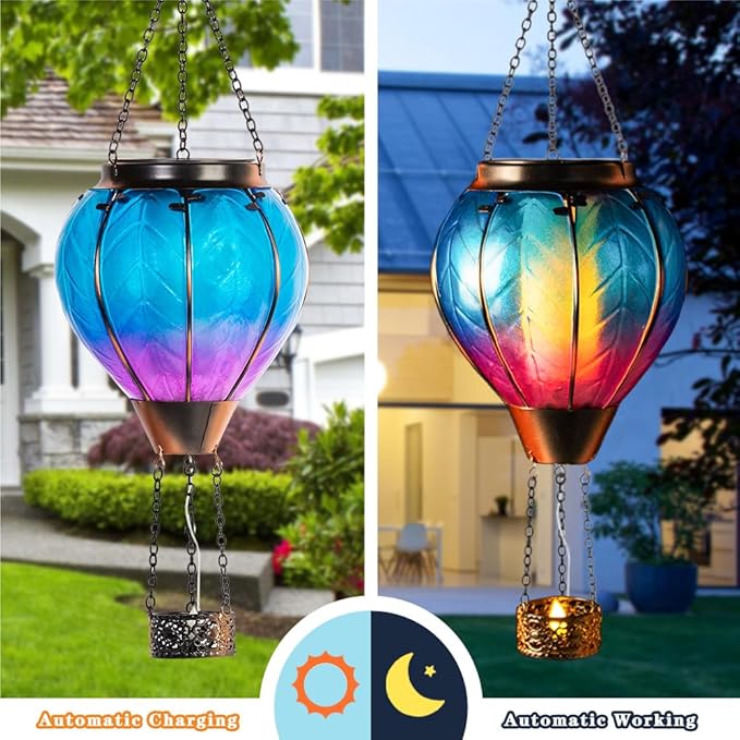 Starsoul Hot Air Balloon Solar Lantern with Candle Holder Glass Solar Hot Air Balloon Lantern with Flame Solar Hanging Hot Air Balloons Decorative for Lawn Porch Tree Yard