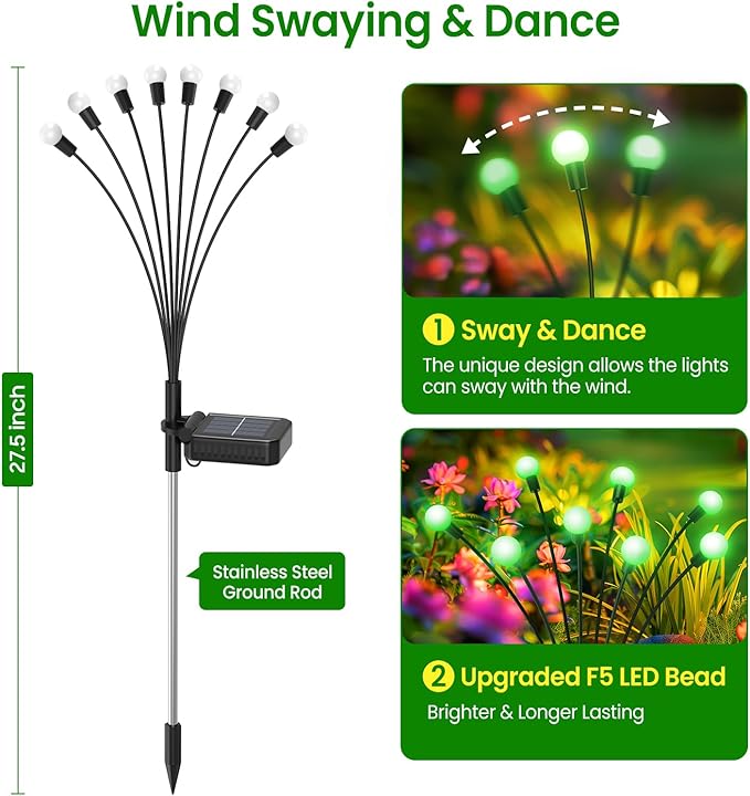LETMY Solar Garden Lights - 6 Pack Upgraded Swaying Solar Lights Outdoor, 48 LED Firefly Lights Outdoor Waterproof Garden Decorations for Yard Patio Pathway Holiday (Green)