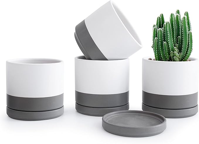 D'vine Dev Set of 4 Small Ceramic Plant Pots, 4.6 Inch Succulent Planter Pot for Plants with Drainage Hole and Saucer, White/Speckled Grey, 94-X-B-6