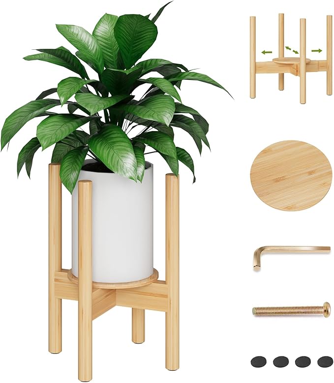 Adjustable Plant Stand, Bamboo Plant Stand Indoor with Tray, Wood Plant Stand for 8 to 12 inches Flower Pots, Single Mid Century Modern Plant Stand for Indoor Plants, Natural