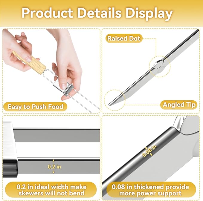 Skewers for Grilling, 17" (6 Pcs) Wooden Handle Double Pronged Stainless Steel Flat Kabob Skewers with Push Bar, Reusable Long Metal Skewer Sticks for Meat Chicken Vegetable, BBQ Accessories