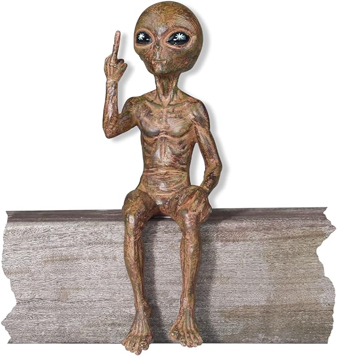 John Bernard & Company Rude Alien Statue “Flipping The Bird” 10″ H Shelf Sitter Extraterrestrial Figurine Funny Home or Garden Decoration (Starlight Bronze)…