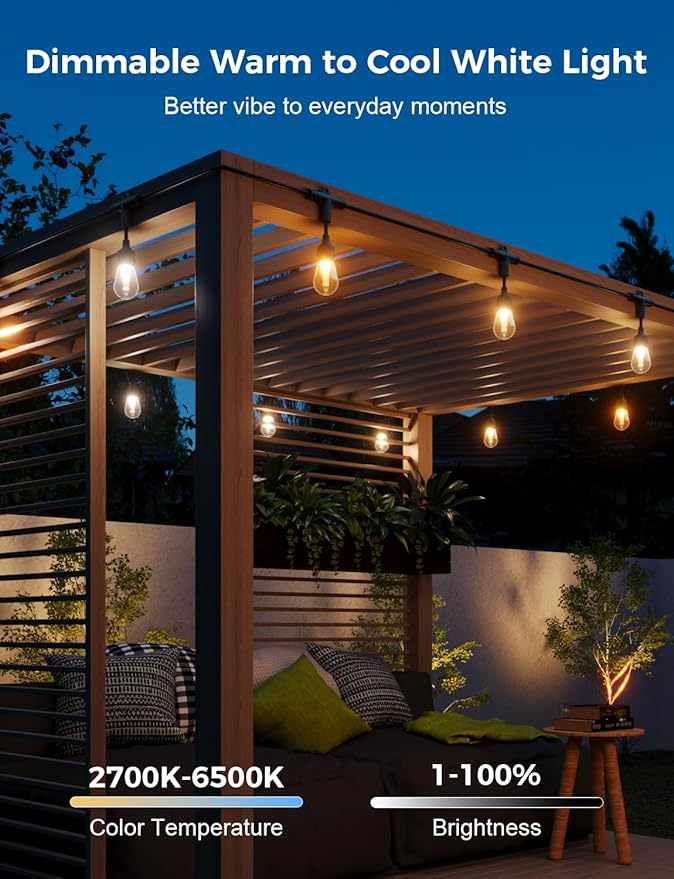 XMCOSY+ Outdoor String Lights Smart, 49Ft RGBCWIC Patio Lights Waterproof, App Control, Compatible with Alexa, Color Changing LED String Light for Outside Yard Garden Porch