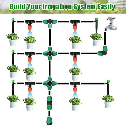 JAYEE 50 Pcs Drip Irrigation Fittings Kit for 1/4 Inch Tubing, Drip Line Parts for Drip Systems - 20 Tee, 12 Coupling, 8 Elbow, 5 Barbed 4-Way Cross, 5 End Closure - Barbed Locked Nuts Connectors