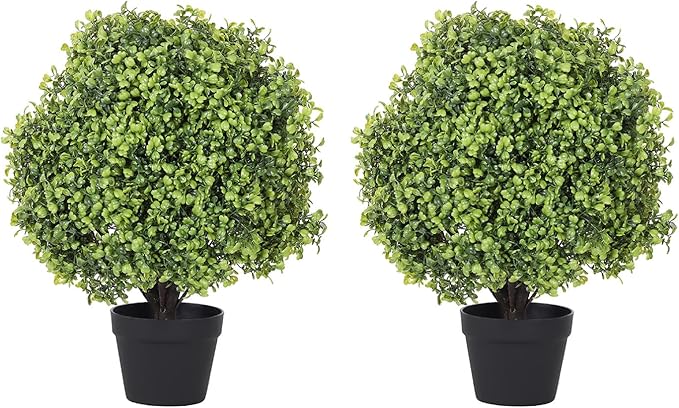 THE BLOOM TIMES 2ft Boxwood Topiary Ball Trees Artificial Outdoor Set of 2, 24" Faux Evergreen Plants Outside UV Resistant Greenery, Fake Potted Bushes and Shrubs for Front Porch Planter Patio Decor