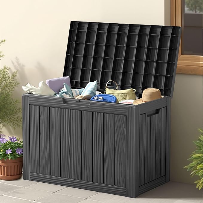 45 Outdoor Storage Box, Waterproof Resin Deck Box with Side Handles, Lockable Outdoor Bench for Indoor & Outdoor Use, Storage Bin for Patio Cushions, Garden Tools, Package Delivery, Black