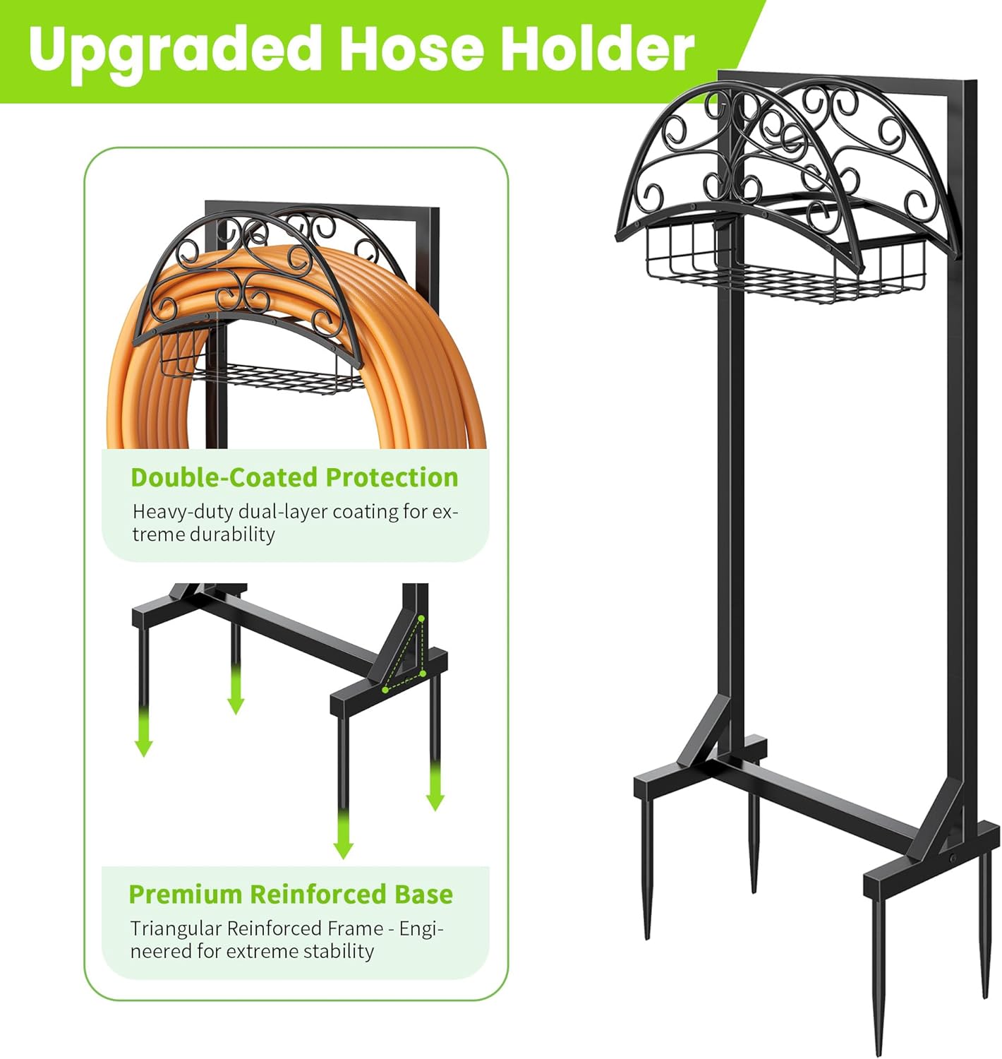 Garden Hose Holder – Freestanding Water Hose Holder with Storage Basket, Sturdy Metal Hose Stand and Hanger, Heavy-Duty Garden Hoses Storage Rack for Outside, Supports 151FT