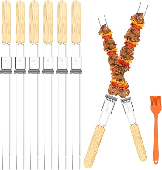 Skewers for Grilling, 17" (6 Pcs) Wooden Handle Double Pronged Stainless Steel Flat Kabob Skewers with Push Bar, Reusable Long Metal Skewer Sticks for Meat Chicken Vegetable, BBQ Accessories