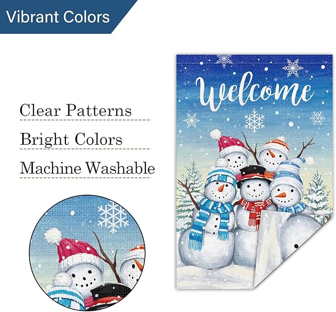 Welcome Winter Garden Flag Double Sided Sonwman 12x18 Inch Small Burlap Welcome Holiday Yard Outdoor Outside House Decoration