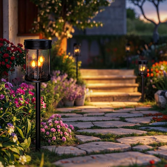Outdoor Garden Solar Stake Lights Flickering Candle Lantern Lighting for Yard, Lawn, Patio, Pathway, Wall Decoration (2Pack, Black)