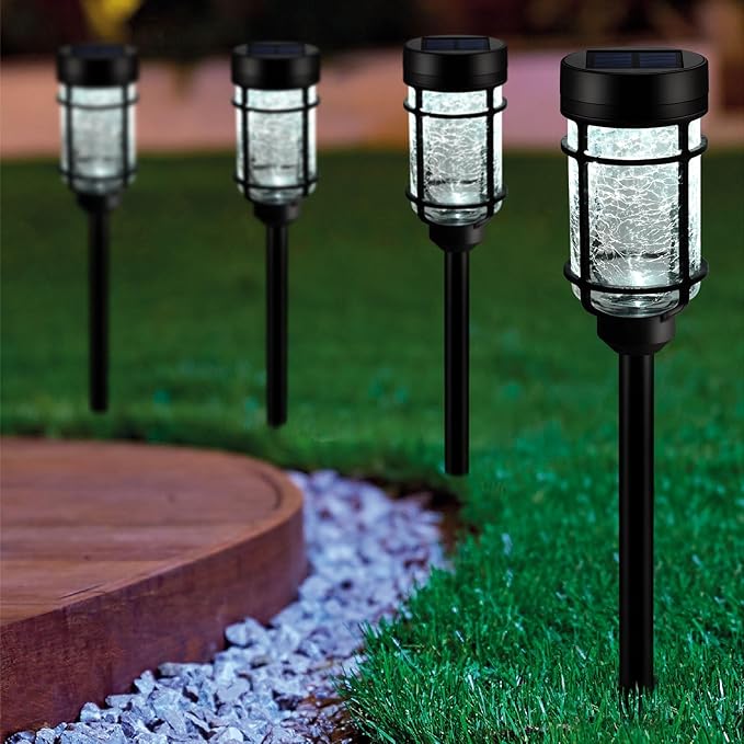 Solar Pathway Lights 6 Pack, Color Changing+Cool White LED Solar Lights Outdoor, Waterproof Solar Crackle Glass Stake Lights for Garden Path Walkway Backyard Lawn Landscape Decoration