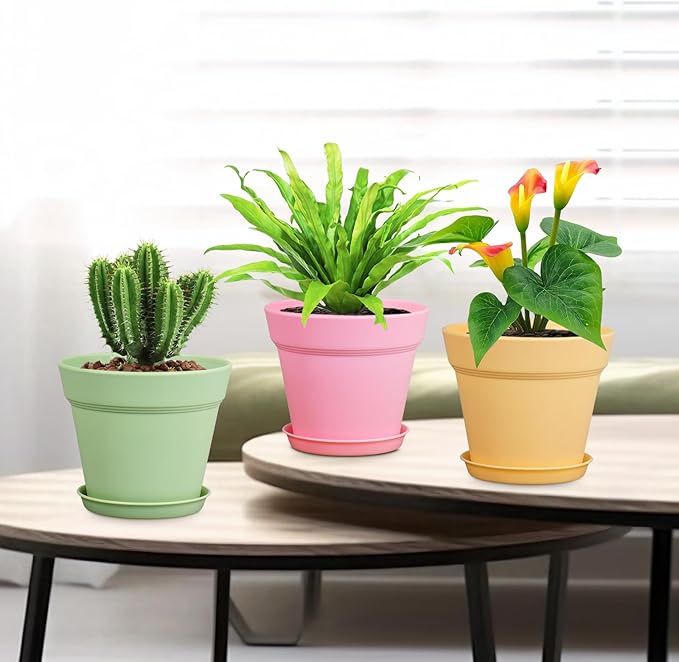 6 inch Small Plastic Nursery Pots, Seedling Pots, 16 Pack Plant Pots for Indoor Outdoor Plants, Flower Pots with Drainage Holes and Saucers, Decorative Planters for House Plants, Colorful