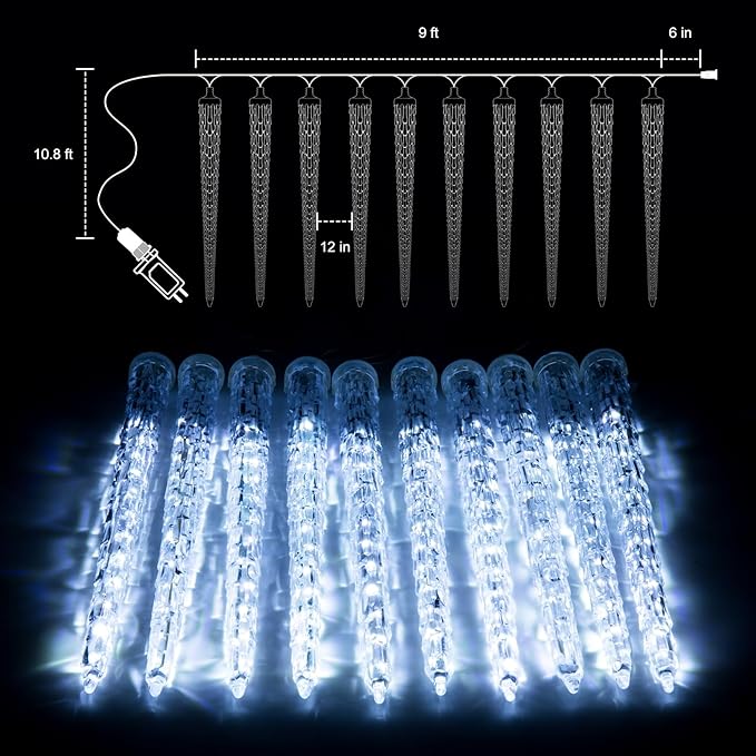 Christmas Icicle Lights Outdoor, 10Ft Meteor Shower Lights with 10 Ice Shaped Tube, Snowfall Shooting Star Light Effect, Falling Crystal Christmas Decorations for House Eave Roofline, Cool White