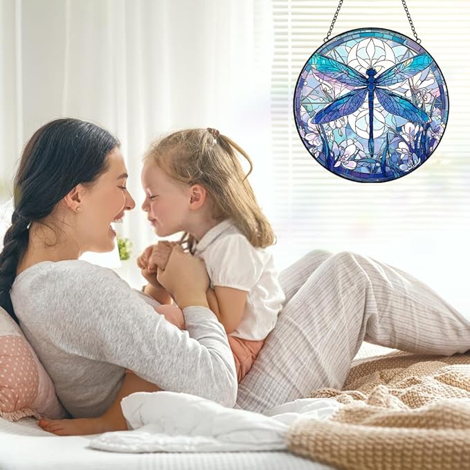 Dragonfly Decor Suncatcher Stained Glass Window Hanging - Handmade Artistic Suncatchers for Windows Hanging - Wall Home Decor Suncatcher with Metal Chain and Hook Gift for Women Mom Home Porch Garden