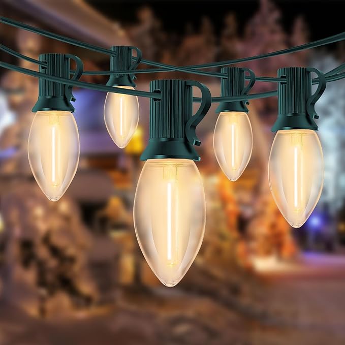 Vintage C9 LED Christmas Lights Outdoor, 25 Feet C9 Warm White String Lights Outdoor with 26 LED Clear Bulbs for Indoor Christmas Tree Roofline Holiday Party Garden Patio Backyard Cafe Decoration
