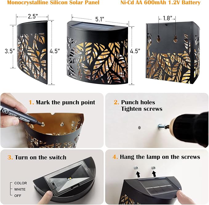 DenicMic Solar Wall Lights Outdoor 4 Pack Fence Solar Lights Led Waterproof Deck Lighting for Patio Pool Step Front Door, Metal Leaf Fence Decoration, Warm White/Color Changing