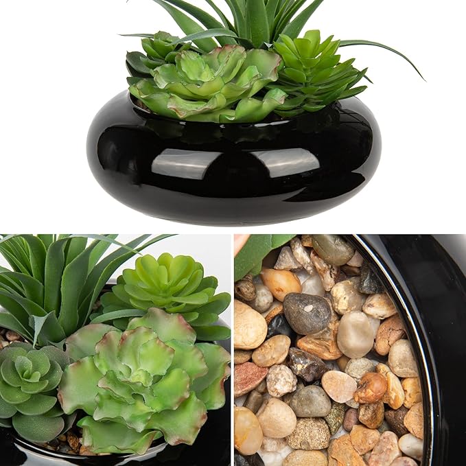 Large Artificial Succulents Plants Faux Succulents in Pots Fake Succulent Arrangement Potted Plants with Black Ceramic Pot for Office Desk Bathroom Shelf Living Room Indoor & Outdoor Home Decor