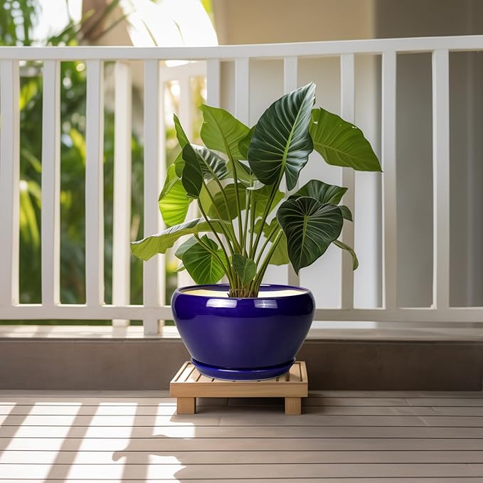 Ceramic Pot for Plants - 11 Inch Modern Round Indoor Planter with Drainage Hole and Planter Saucer for Flowers, Patio Office Home Room Decor, Gardening Gifts for Women & Men, Blue