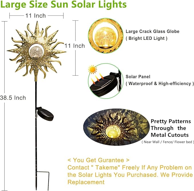 TAKE ME Sun Solar Lights Garden Outdoor Waterproof Metal Decorative Stakes for Patio Yard Walkway LawnPatio Mothers Day Gifts Mom Wife Grandma (Sun)