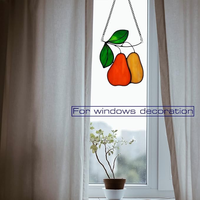 Stained Glass Window Hanging Orange pear Sun Catcher Home Decor Gifts for Christmas to Family and Friends