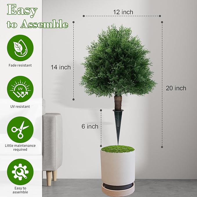 20" Artificial Cedar Topiary Ball Trees with Ground Spike, 2 Pack UV Resistant Artificial Shrubs, Fake Evergreen Artificial Plant Brush for Indoor Outdoor Front Porch Garden