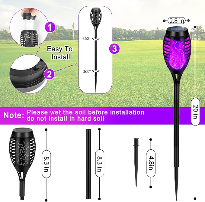 Solar Lights Outdoor, Upgraded 12 Pack Purple Solar Torch Light with Flickering Flame Waterproof for Garden Decor, Flame Torches for Outside Landscape Porch Yard Pathway Decorations