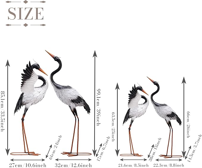 TERESA'S COLLECTIONS Yard Decorations Outdoor Garden Statues, White Metal Crane Yard Art, 33-39inch Lawn Ornaments for Backyard, Outside Porch, Patio, Wedding Decor,Set of 2,Spring Decor,Gifts for Mom