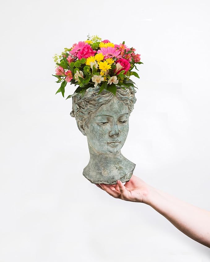 Abbott Collection Goddess Head Planter - Small Cement Indoor and Outdoor Planter Pot - Grecian Woman Statue Head Planter for Flowers and Succulents (Grey, 3.5" Opening)