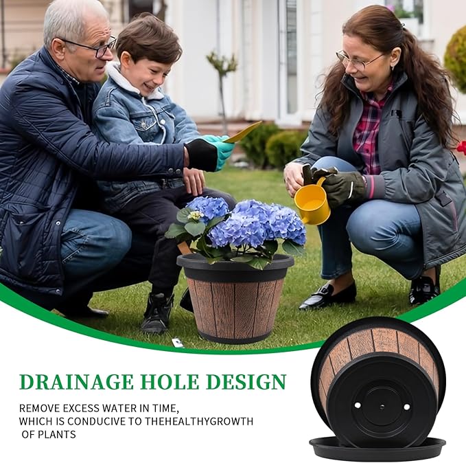 Quarut 4 Pack 12 inch Plant Pots,Whiskey Barrel Planters with Drainage Holes & Saucer,Plastic Decoration Flower Pots Retro Design,Planters for Outdoor Indoor Garden Home Plants (Brown)