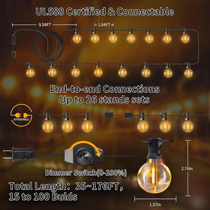 Outdoor String Lights with Dimmer, 2 Pack 35.5FT LED Patio Lights for Outside with 15+1 Shatterproof G40 Globe Bulbs UL Listed IP65 Waterproof Hanging Lighting for Backyard Balcony Bistro Party Decor