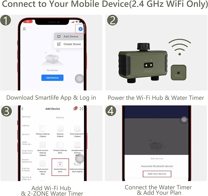 WiFi Sprinkler Timer 2 Zone, Diivoo Smart Water Timer for Garden Hose, Wireless Remote Control Irrigation System with Wi-Fi Hub, Rain Delay and Manual Watering, Leakproof for Yard Lawn Watering