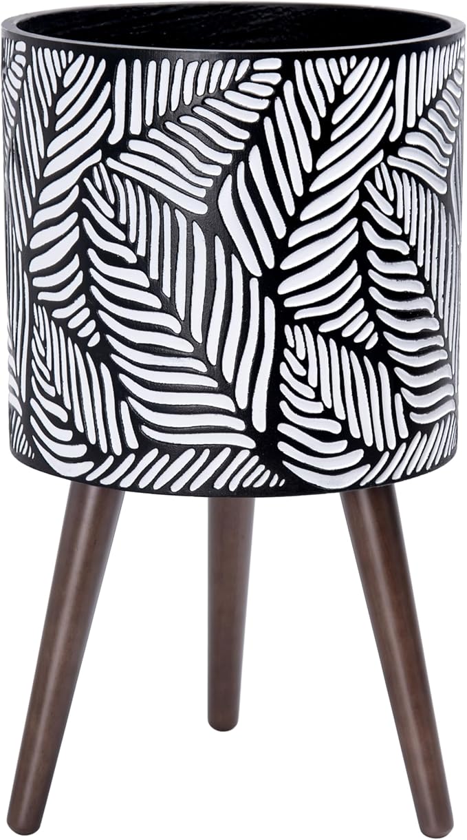 D'vine Dev 12 Inch Planter Pot with Stand, Mid-Century Tall Plant Pot with Legs for Indoor Plants, Large, White/Grey, 88-L-C-7