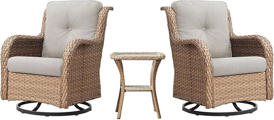 Outdoor Swivel Rocker Patio Chairs - 360 Degree Swivel Glider Seating 350LBS Weight Capacity 3 Piece Wicker Rocking Chairs Set with Side Table for Porch Balcony Deck, Yellow/Beige