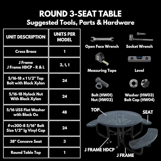 Heavy-Duty Portable Outdoor Picnic Table with Umbrella Hole, Punched Steel Patio Dining Furniture Made in America (46" Round Top, Grey)