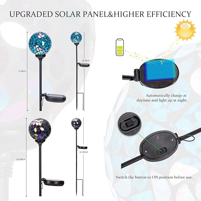 VCUTEKA Solar Garden Decorative Lights Outdoor, Mosaic Solar Light Waterproof LED Pathway Stake Light for Landscape Patio Yard Deck Walkway Decoration, 2 Pack （Blue&Purple）