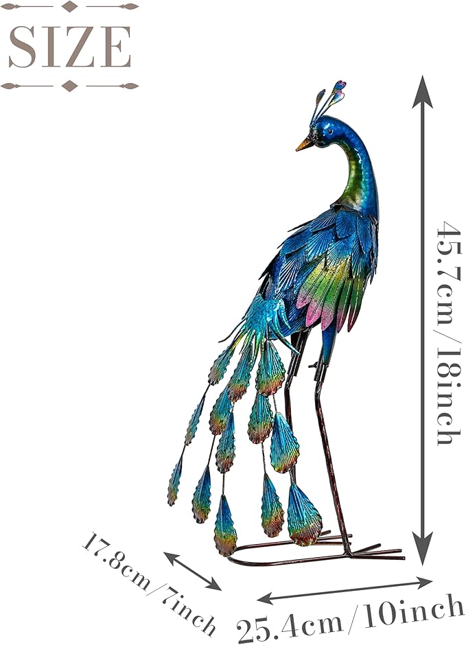 TERESA'S COLLECTIONS Outdoor Decor Peacock Yard Art Garden Sculptures & Statues,Blue Small Metal Bird Lawn Ornaments,18" Outside Mardi Gras Decorations for Porch,Patio,Pond Decor,Gifts for Mom
