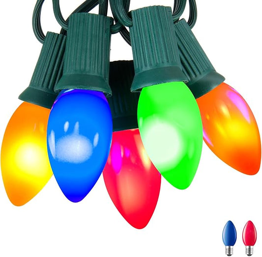 Multicolor C7 LED Christmas Lights Outdoor, 50FT Colorful Christmas String Lights with 50+2 Plastic Bulbs, Traditional Hanging Holiday Lights for Christmas Tree Patio Fence Roofline Xmas Decorations