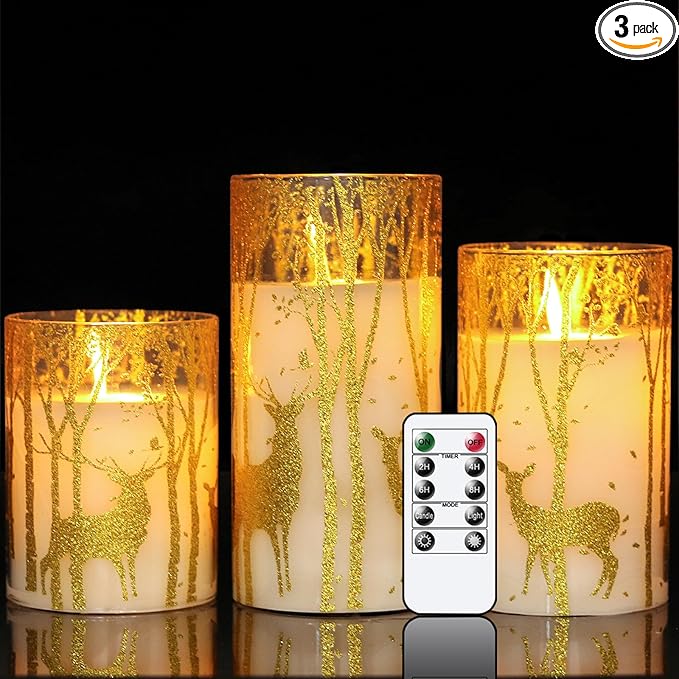 Christmas Deer Flameless Candles with Remote Timer, Glass Battery Operated Pillar Candles with Gold Elk Decor, LED Flickering Candles with 3D Wick and Real Wax for Winter Christmas Home Decor
