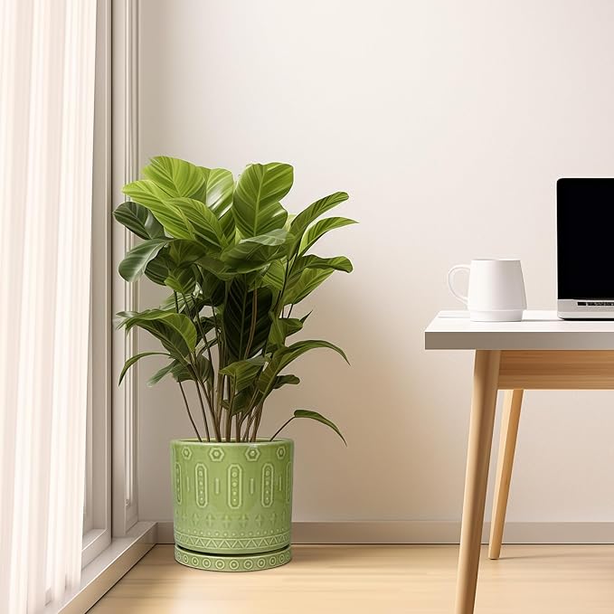 Ceramic Pot for Plants - 10 Inch Indoor Plant Pots with Drainage Holes and Saucer, Boho Round Planter Outdoor, Decorative Large Planter for Flower, Living Room Decor, Garden Gifts, Green