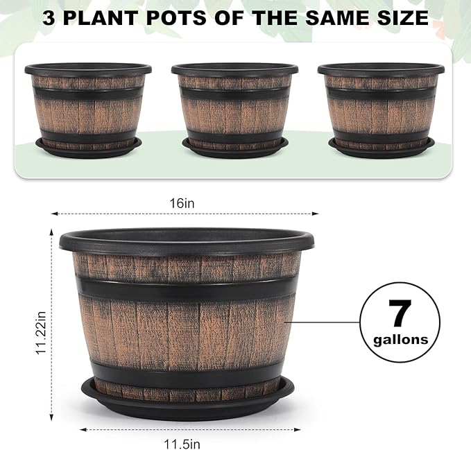 Quarut Large Plastic 3 Pack16 inch Plant Pots,Whiskey Barrel Planters with Drainage Holes & Saucer.Flower Pots Imitation Wine Barrel Design for Indoor & Outdoor Garden Balcony Plants.7 Gallons(Brown)